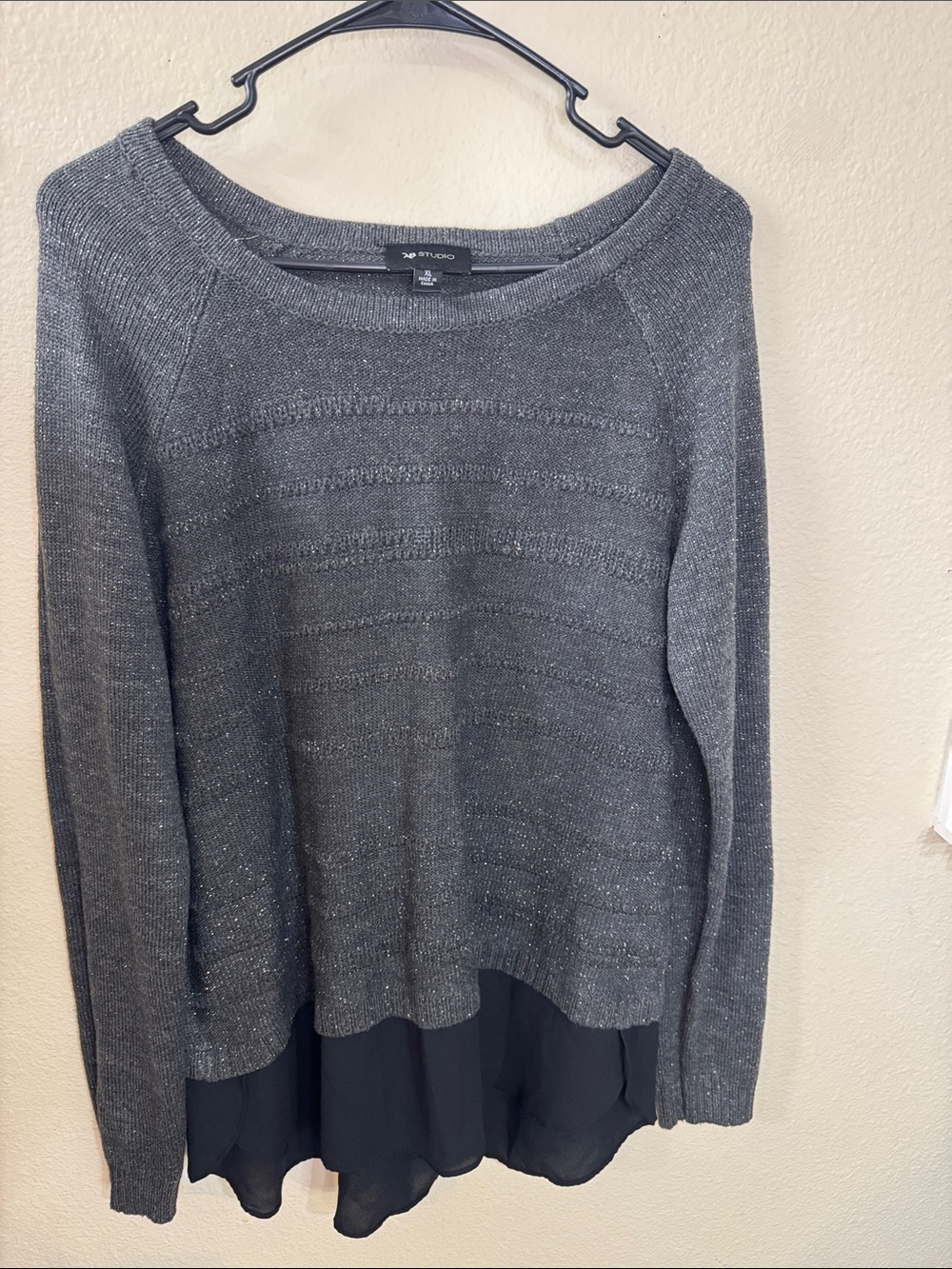 AB Studio Charcoal Gray Layered Hem Crewneck Sweater